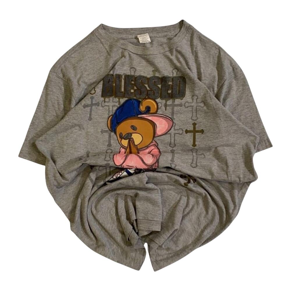 BLESSED Y2K Hip Hop Baggy Graphic Short Sleeve T Shirt Grey L
